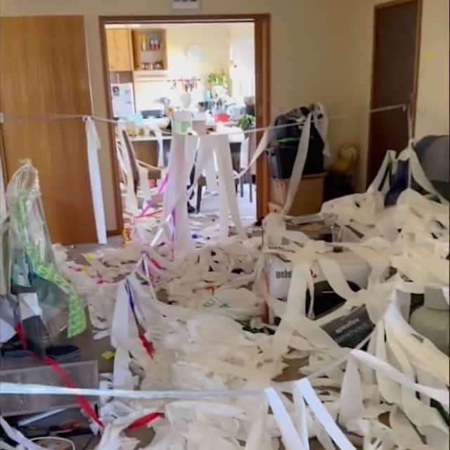 Couple return from honeymoon to find home ‘wrecked’ in prank.