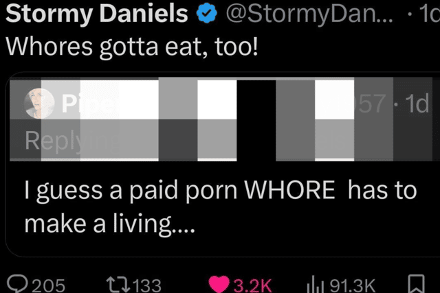 Stormy Daniels does have a point - sex workers have rights too, including eating (Credit: X)