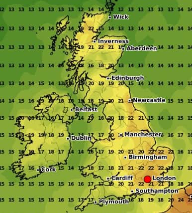 Temperatures could soar to to early 20s in some areas later this month. (Credit: WXCharts)